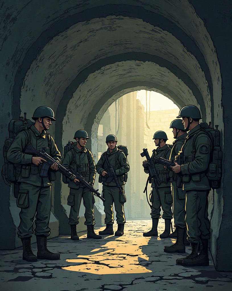 German soldiers sheltering in a deep underground bunker as dust shakes loose.