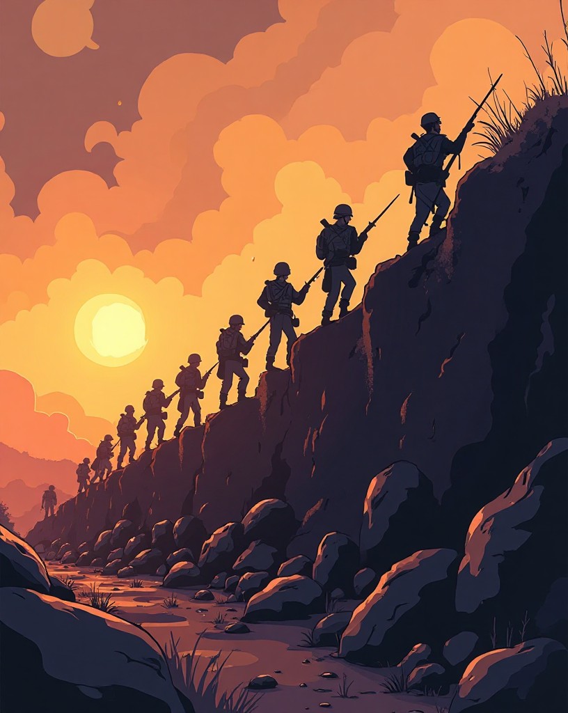 Lines of soldiers climbing a trench parapet and walking across open ground at dawn.