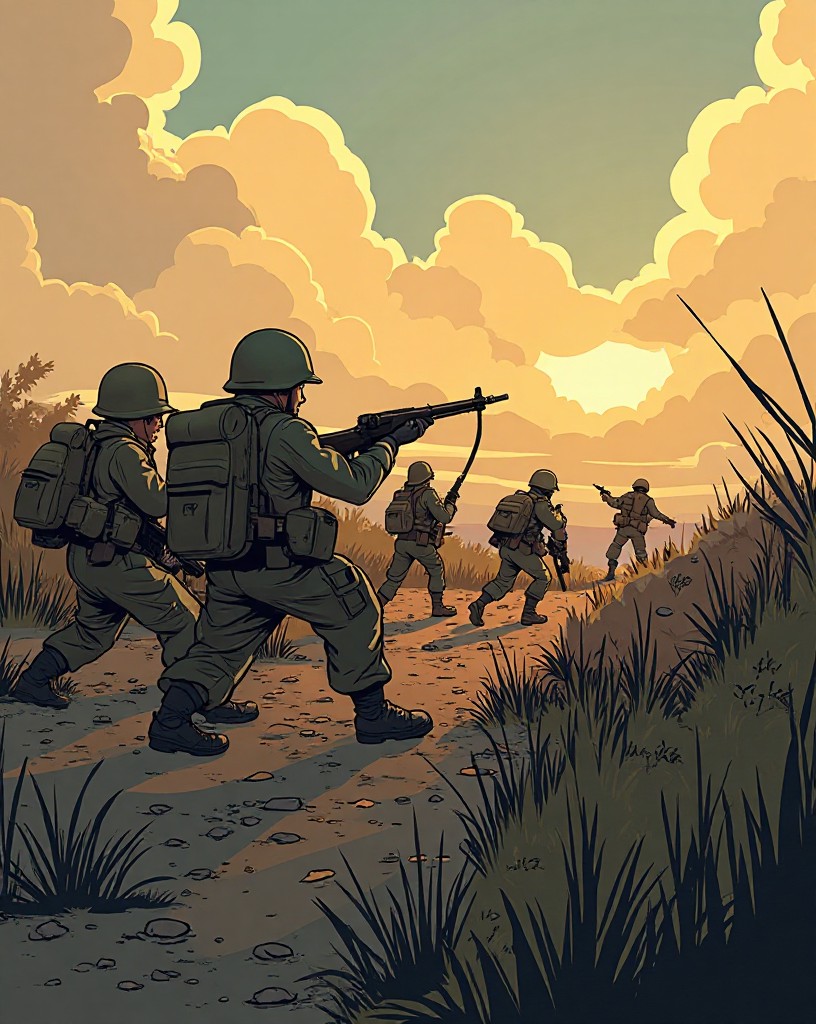 A machine gun crew opening fire across open ground at advancing figures.
