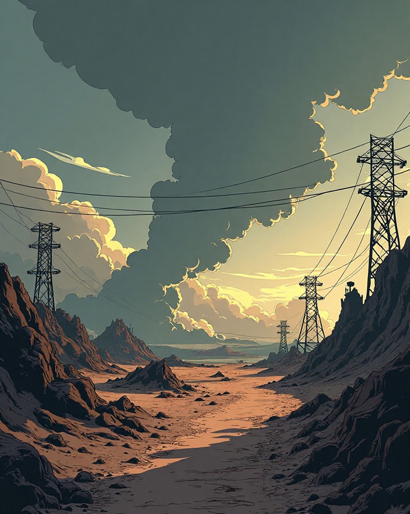 A desolate no man's land of craters, smoke, and tangled wire under grey sky.