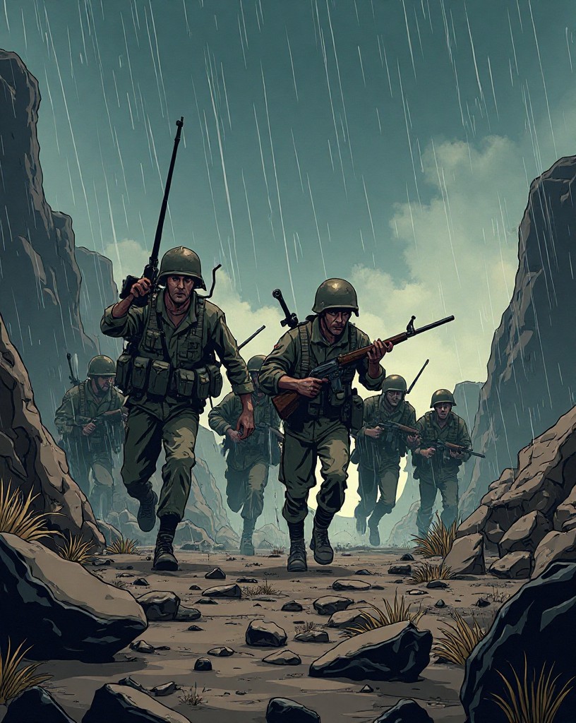 Soldiers struggling forward through a shattered, cratered wasteland in rain.