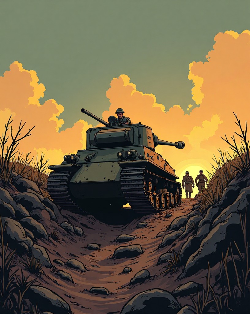 An early WWI tank lumbering over a trench, infantry following warily.