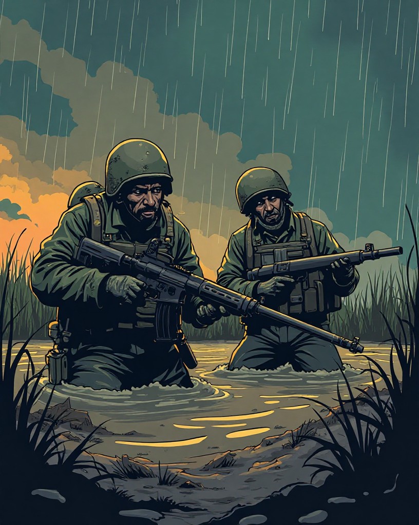 Soldiers and a gun bogged in deep mud under relentless rain.