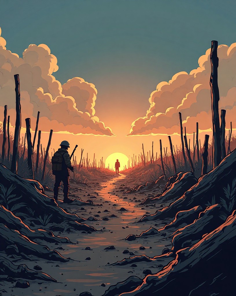 A wide ruined landscape of mud and stumps at dusk with a thin line of soldiers.