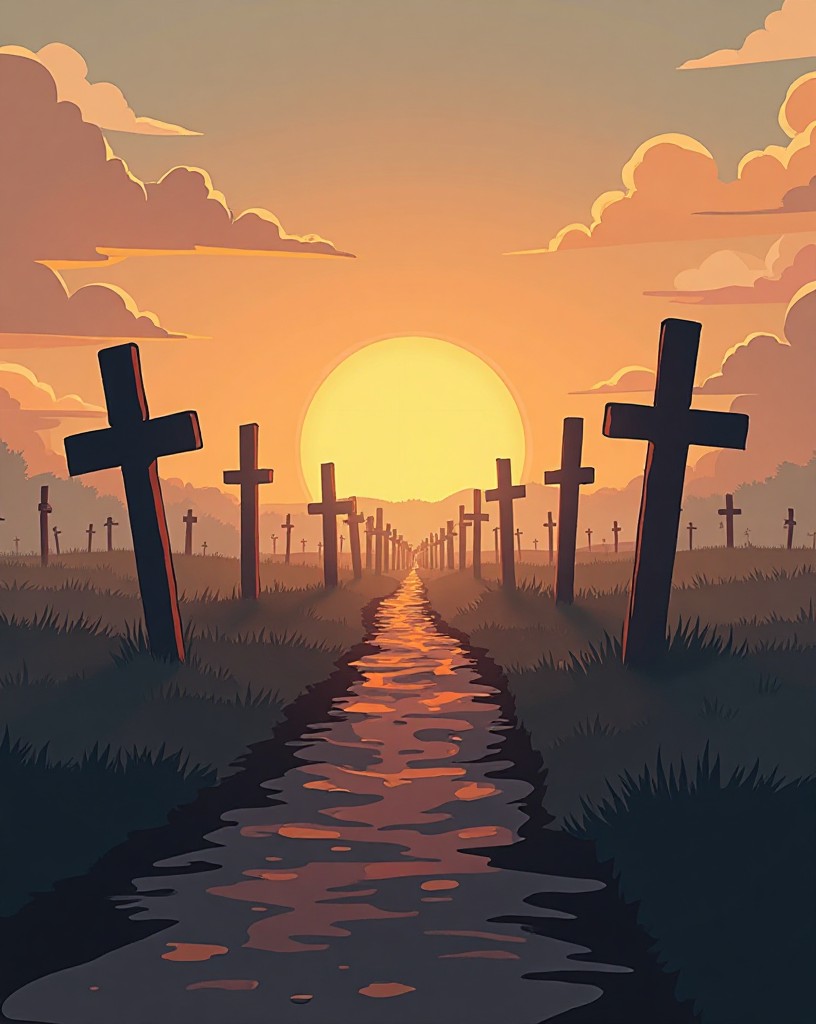 Rows of simple wooden grave crosses on a quiet muddy field at dawn.