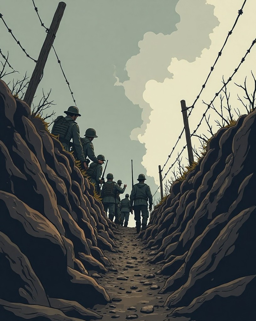 WWI soldiers climbing out of a trench into smoke and barbed wire, cel-shaded comic art.