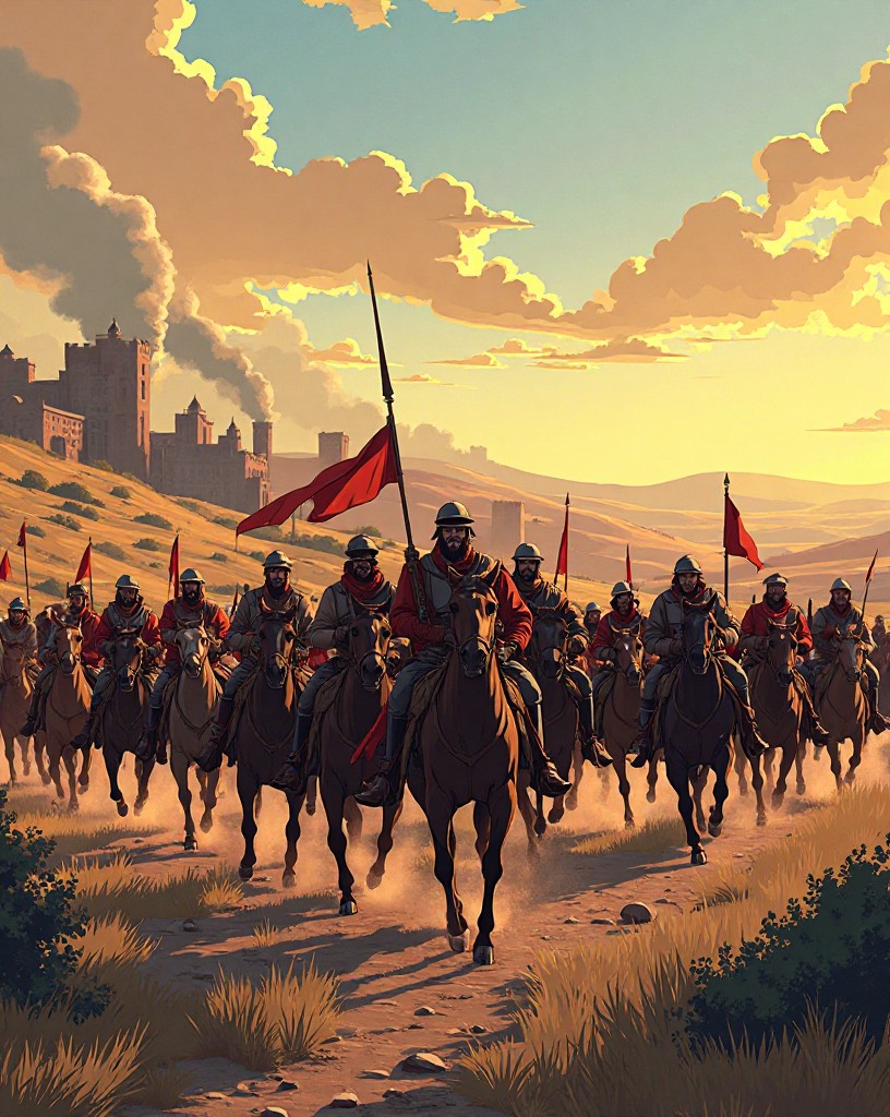 A fast-moving cavalry army with banners riding through rich countryside.