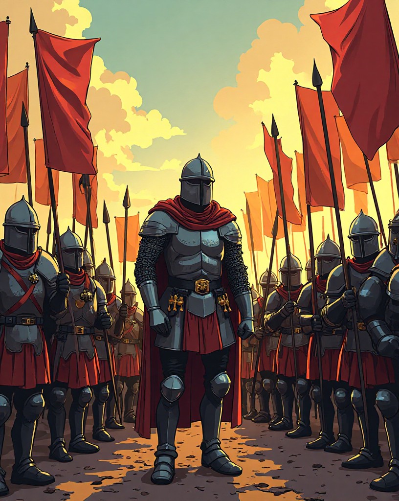 A stern Frankish leader in mail at the head of ranks of armored foot soldiers.
