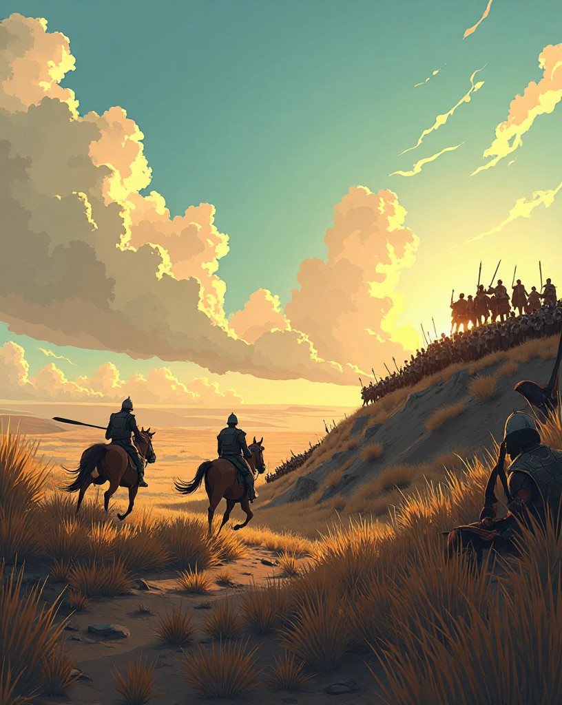 Two armies facing off, one of horsemen, one a dense block of shielded infantry.