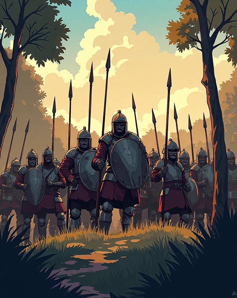 A tight square of armored infantry with locked shields and spears on a wooded hilltop.