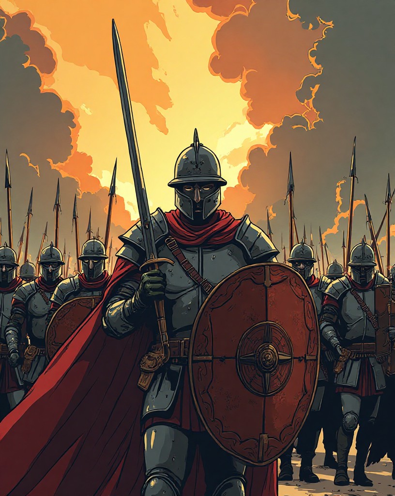 A commander steadying his shield wall, sword raised, soldiers braced.