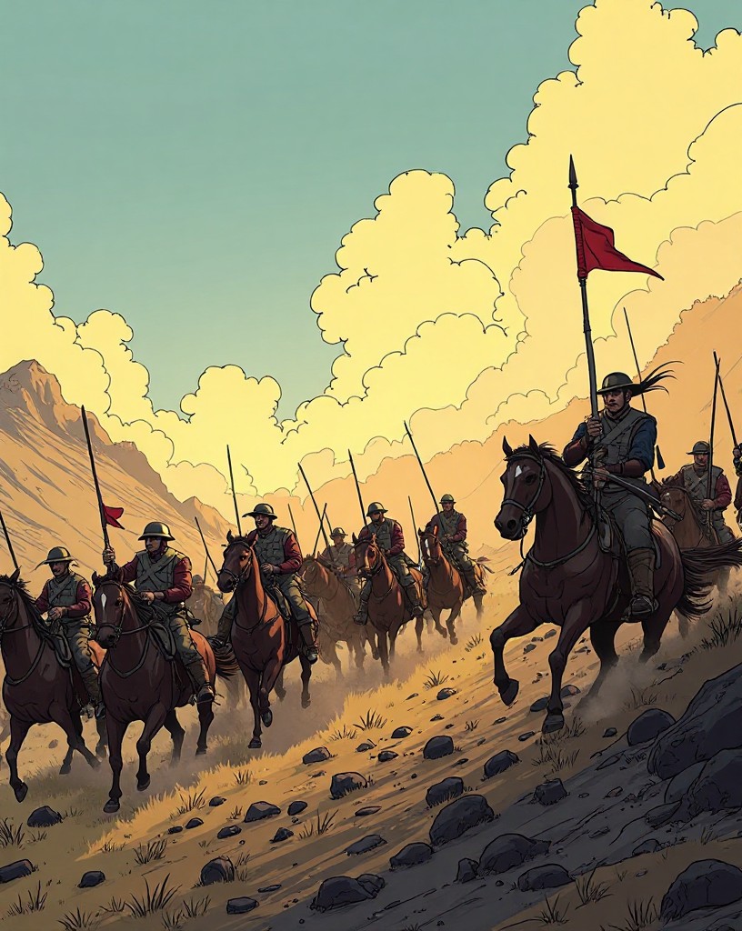 Waves of cavalry thundering up a slope toward a braced infantry square.