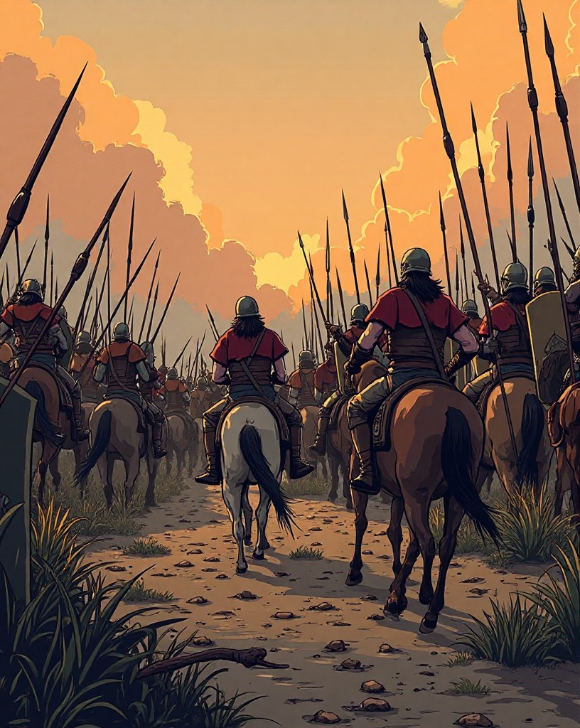 Horses and riders recoiling from an unbroken wall of shields and spears.