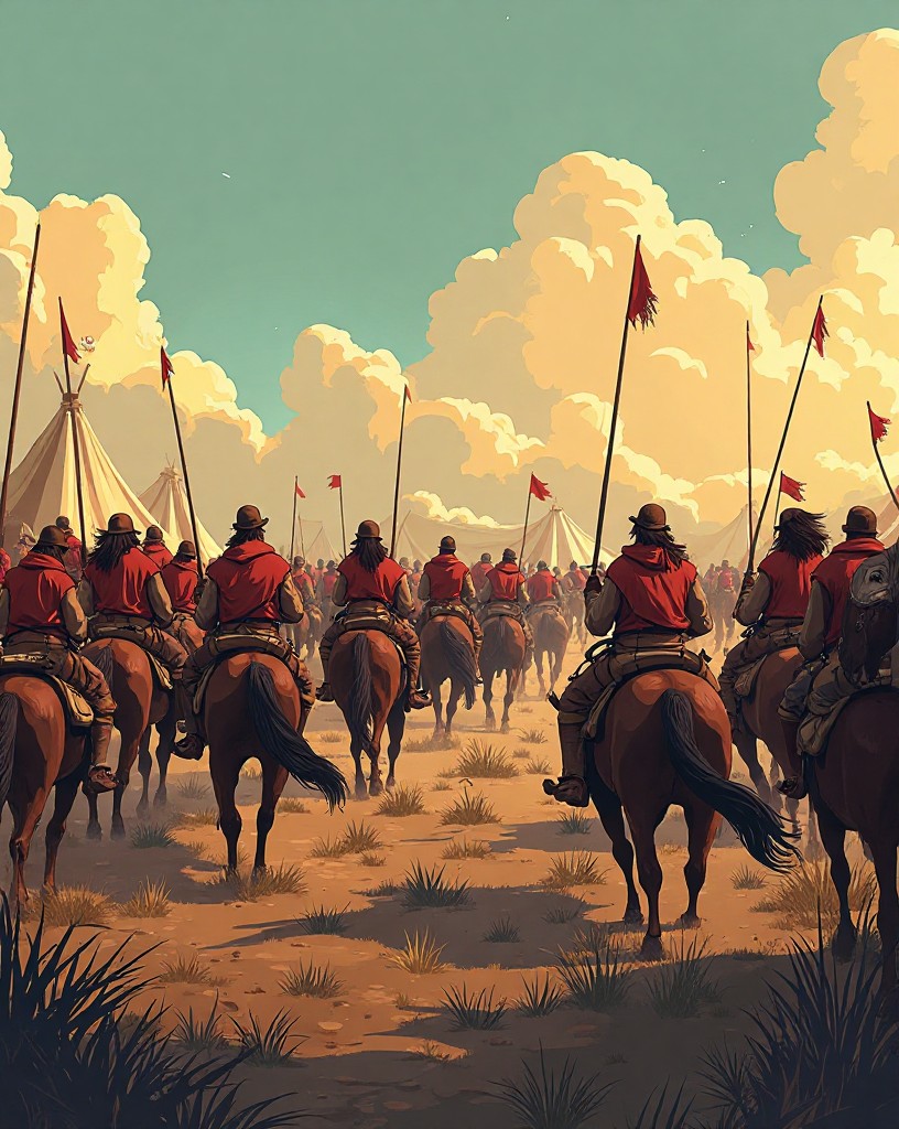 A portion of cavalry peeling away from the battle, galloping back toward a distant camp.