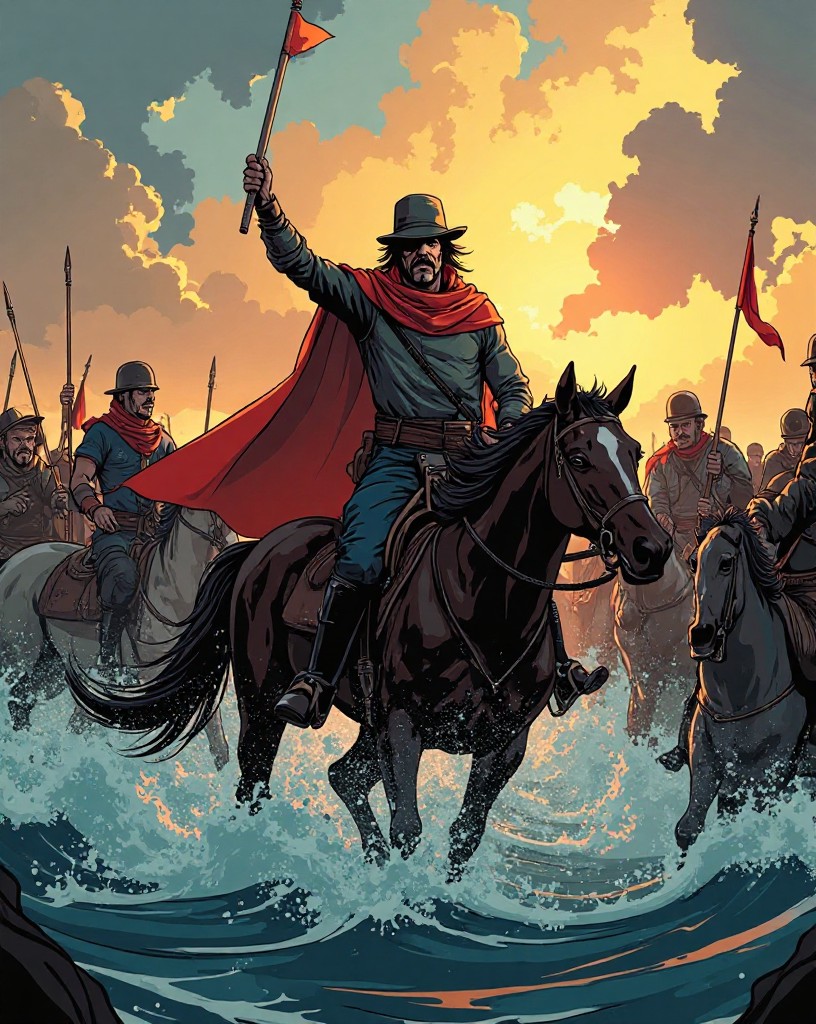 A leader on horseback encircled in a swirling melee, the tide turning.