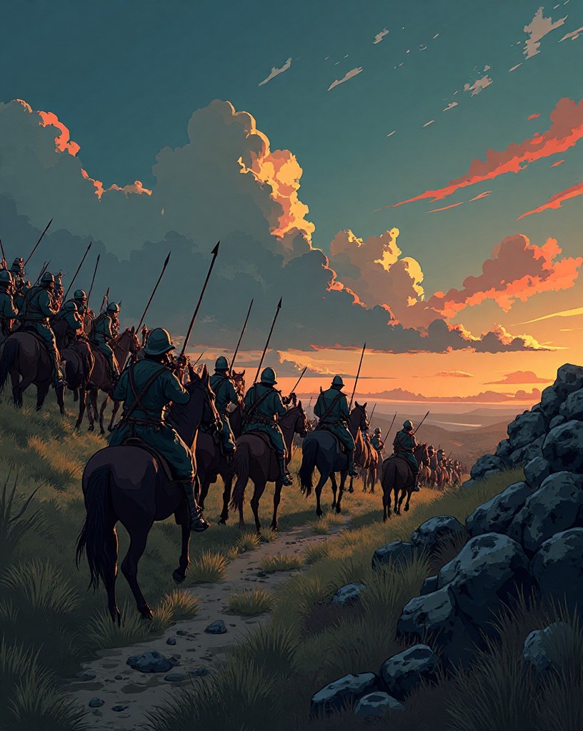 Cavalry withdrawing down a darkening slope as the Frankish square holds the hill.