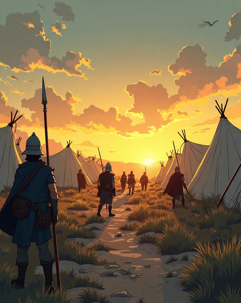 Frankish soldiers cautiously approaching an abandoned camp of empty tents at dawn.