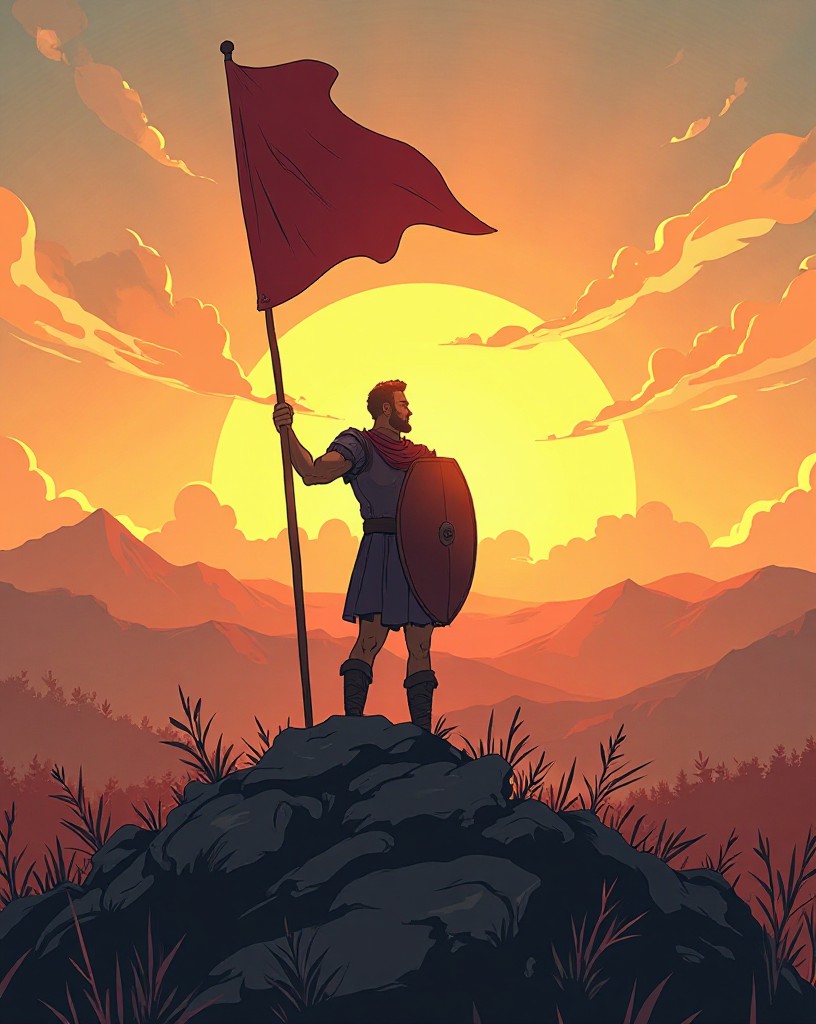 A victorious Frankish leader on the held hilltop at sunrise, banners raised.