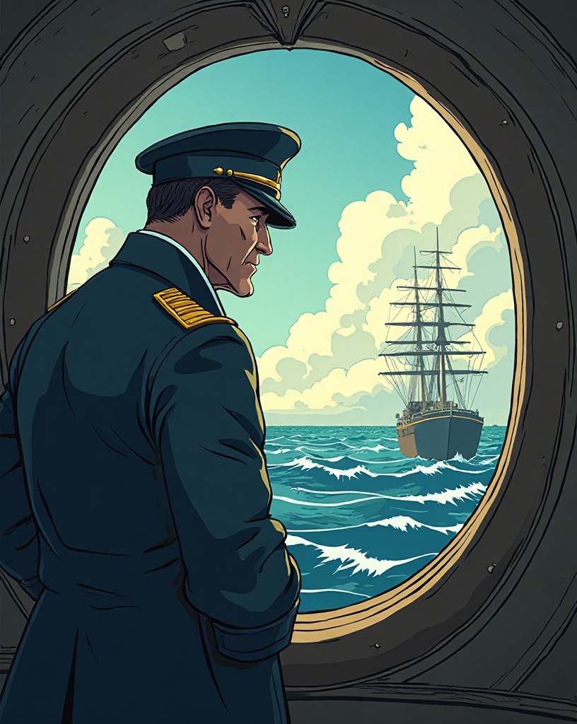 An admiral in a gold-trimmed coat studying the sea through a glass from a deck.