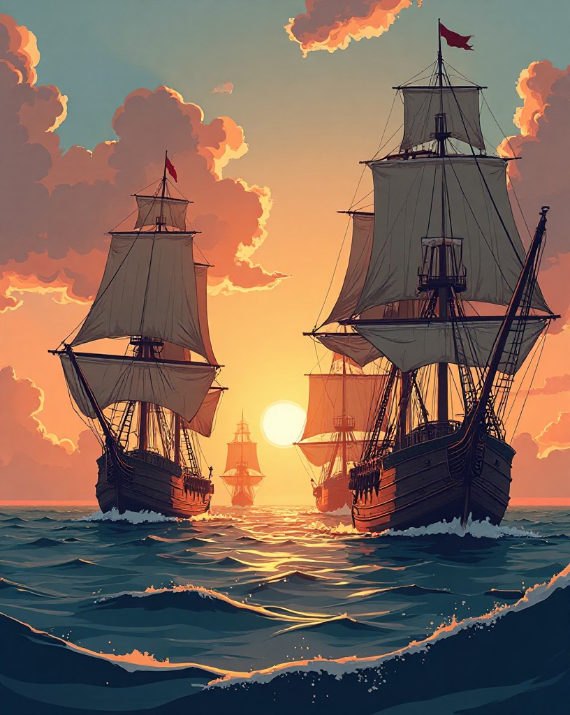 Two vast fleets of tall sailing warships approaching across a wide calm sea at dawn.