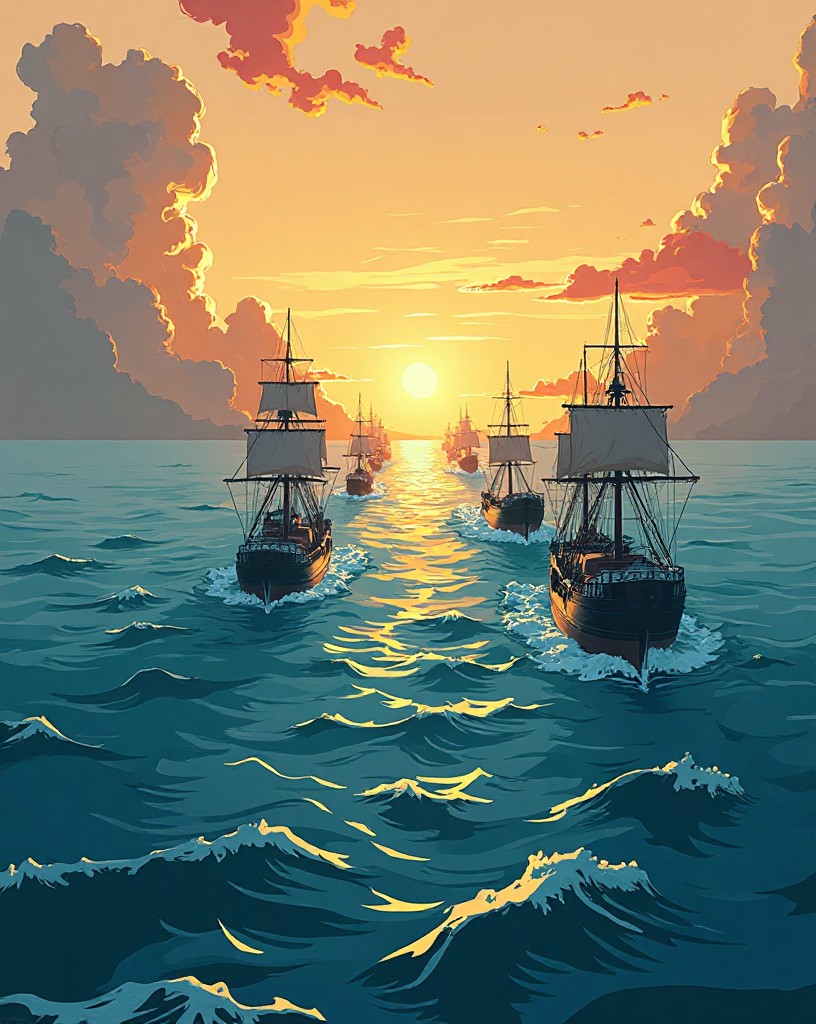 Two columns of ships sailing perpendicular into a long enemy battle line.