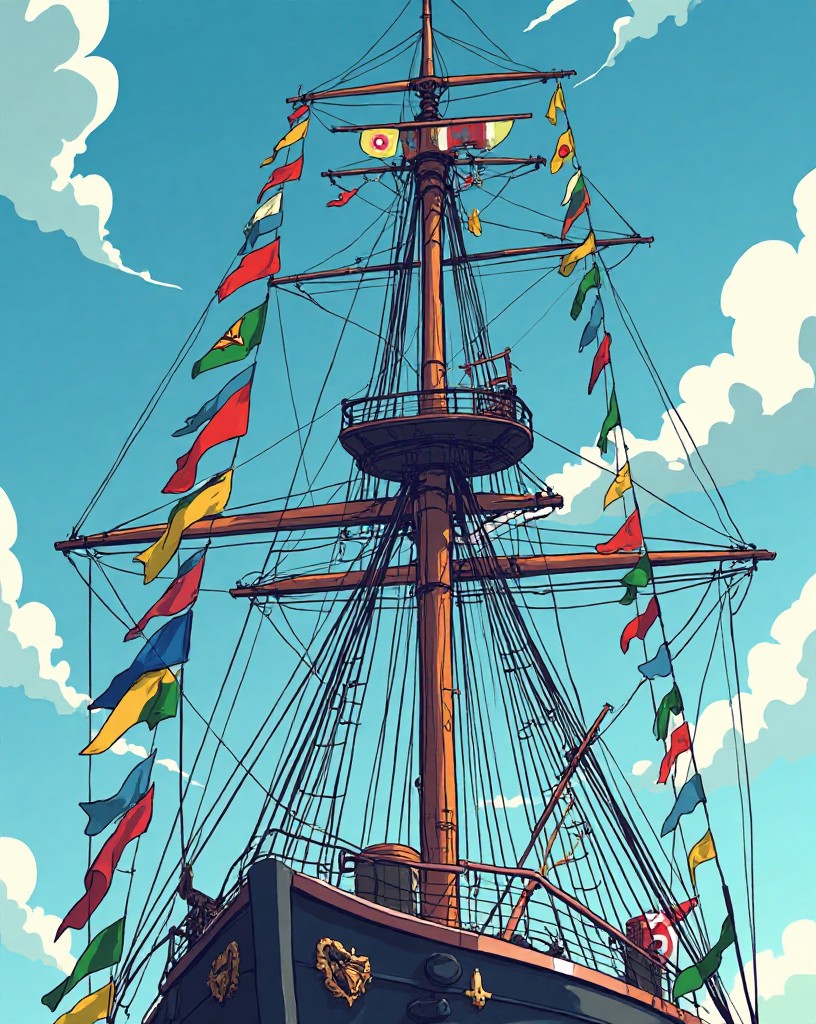 Rows of colorful signal flags running up the rigging of a great warship.