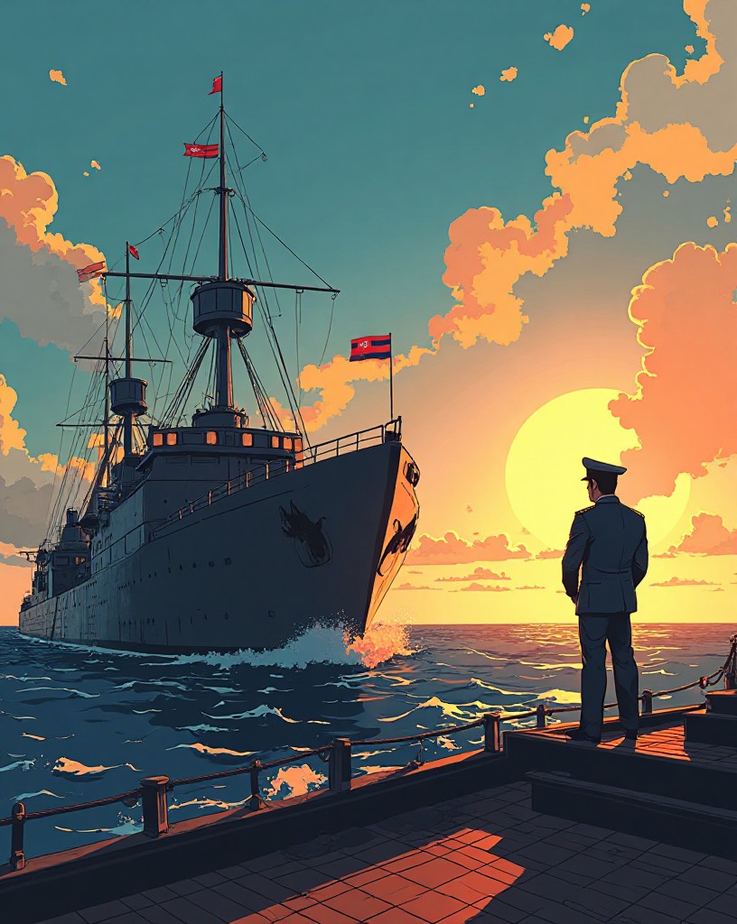 An admiral on a quarterdeck watching the signal flags rise, sailors looking up.