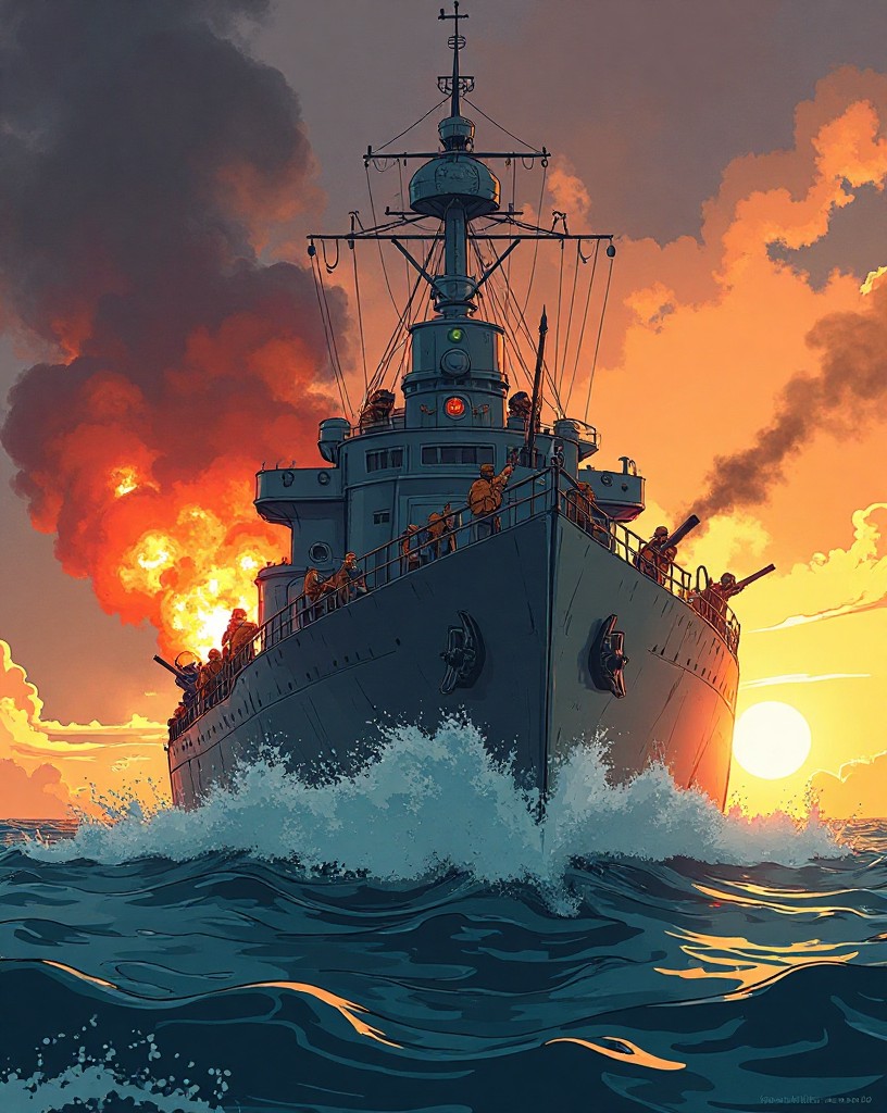 A warship advancing bow-on toward an enemy line as shots strike and splinters fly.