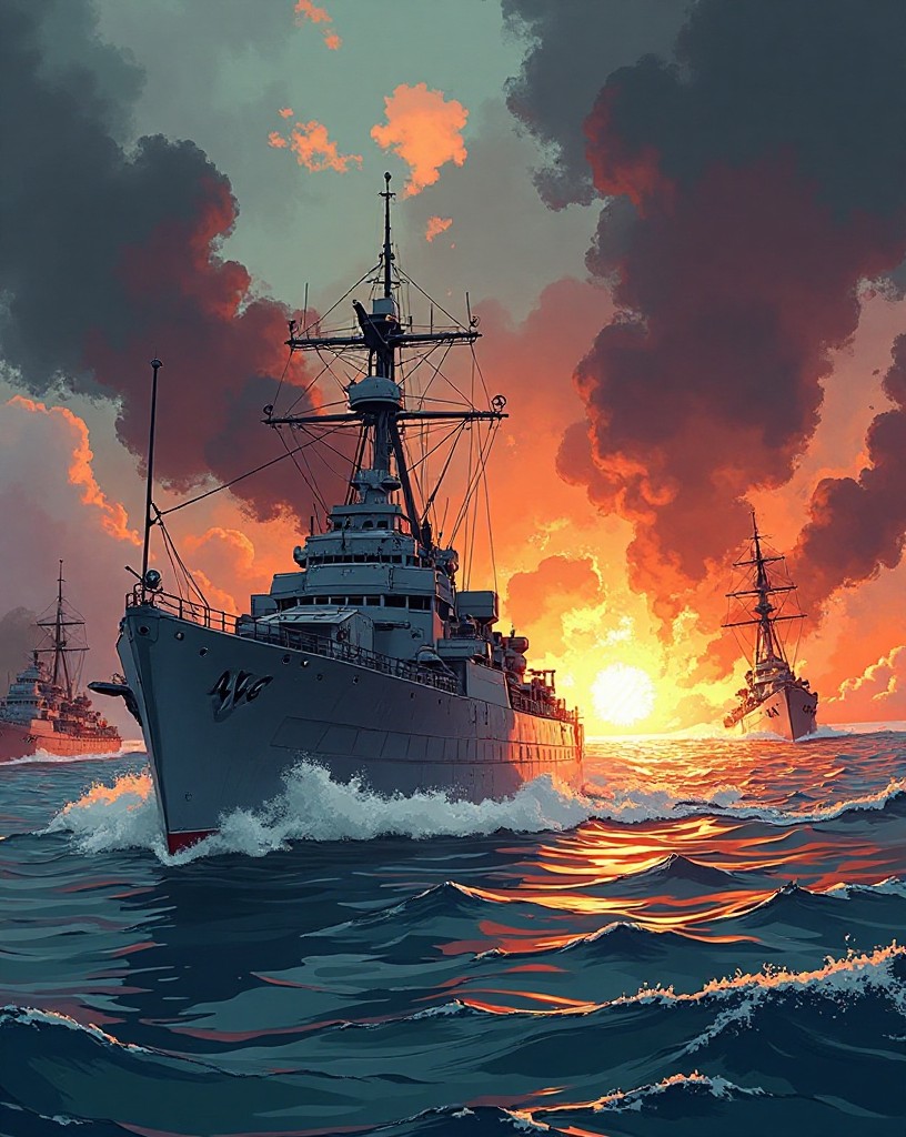 A warship raking an enemy vessel end to end at point-blank range amid smoke.