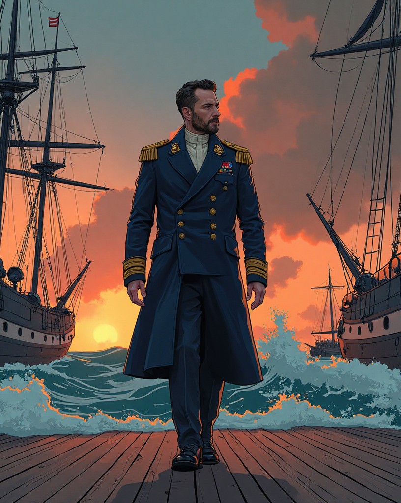 An admiral in a decorated coat walking calmly on a smoke-wreathed deck.