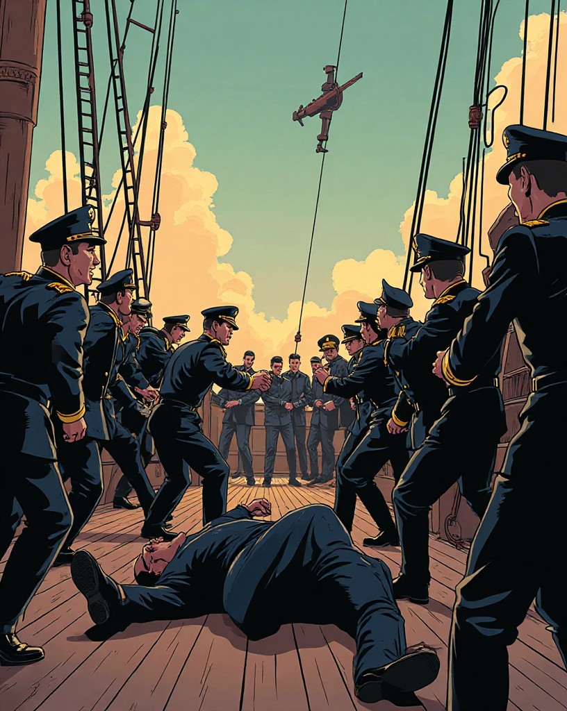 An admiral collapsing on deck as officers rush to catch him.