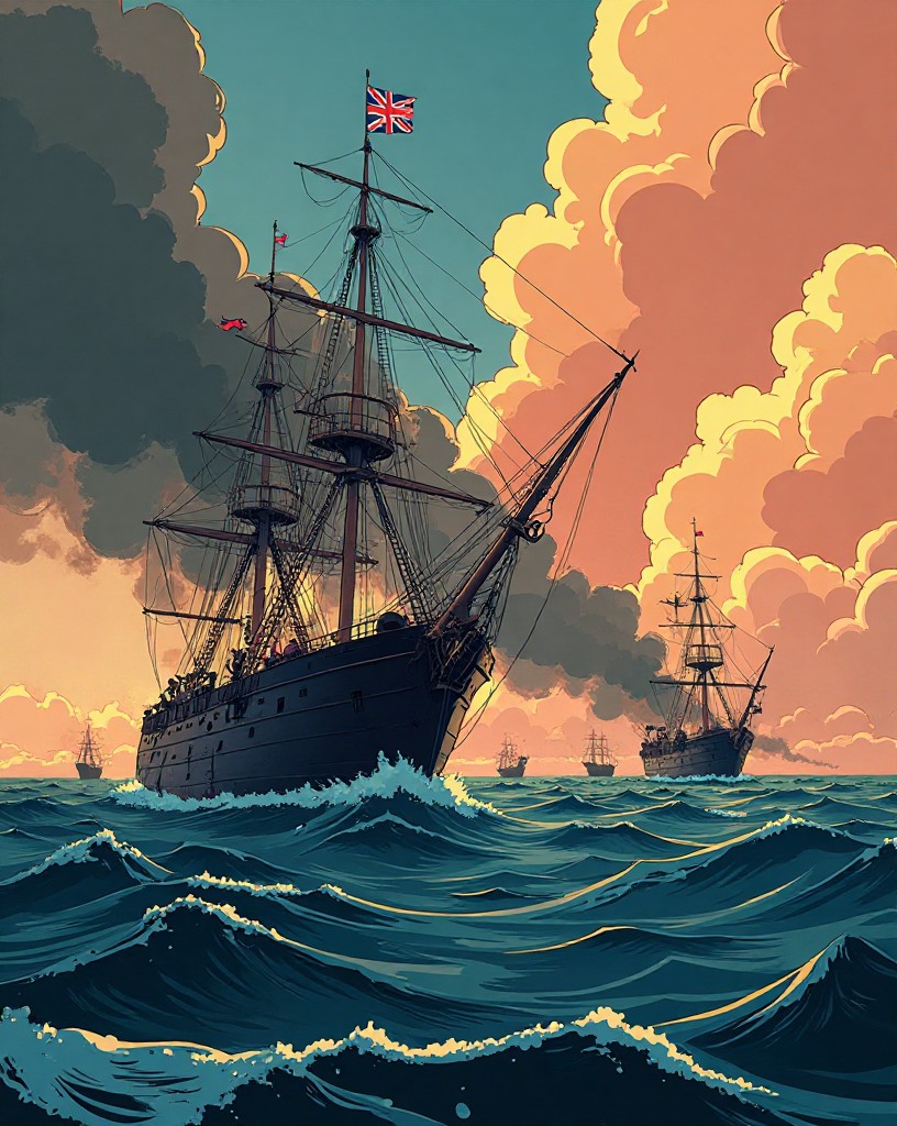 A sea strewn with dismasted, surrendering enemy ships, British flags flying.