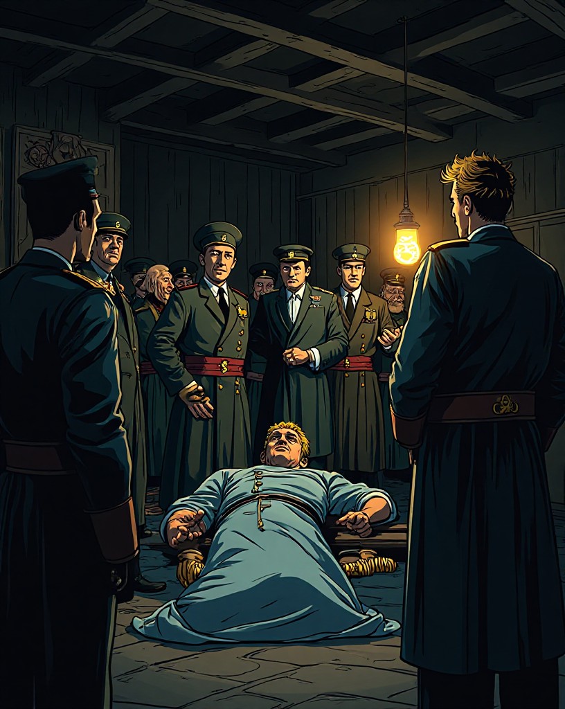 A wounded admiral lying among officers by lantern light in a dim ship's hold.