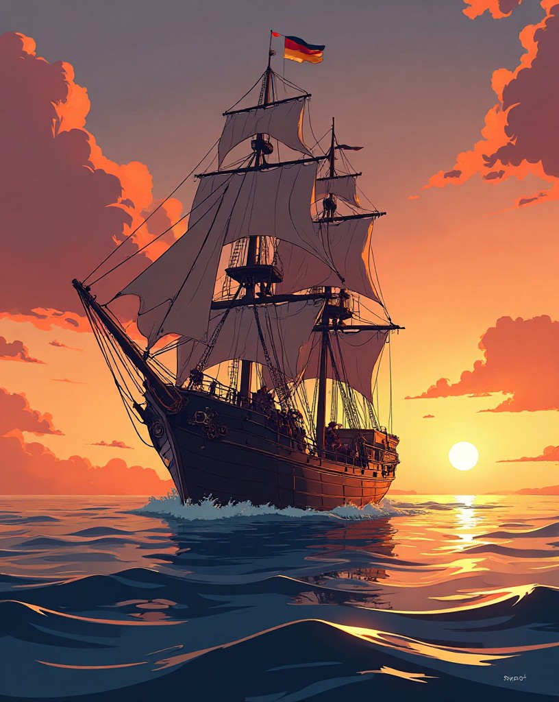 A battered but victorious flagship sailing through calming seas at sunset, flag at half-mast.
