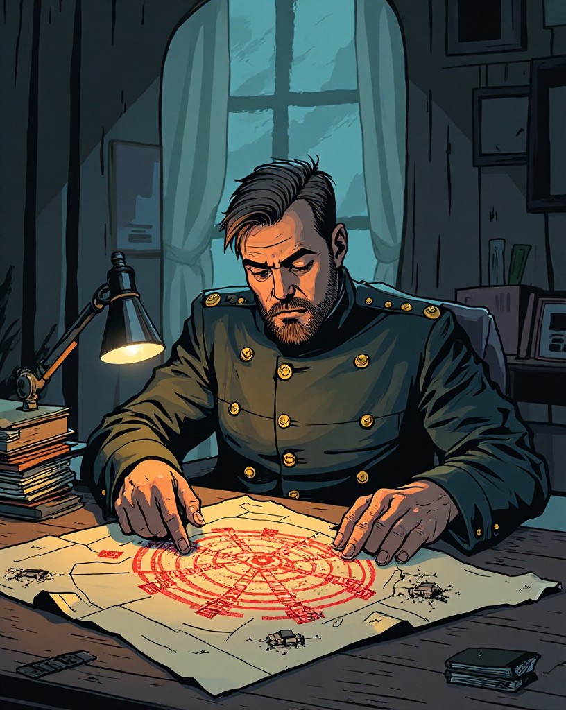 A general coldly marking a fortress city circled in red on a map.