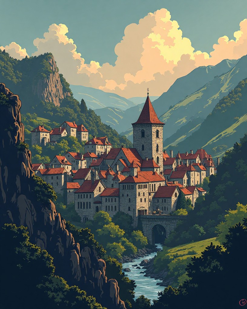 A ring of stone hilltop forts around a French town in a river valley.