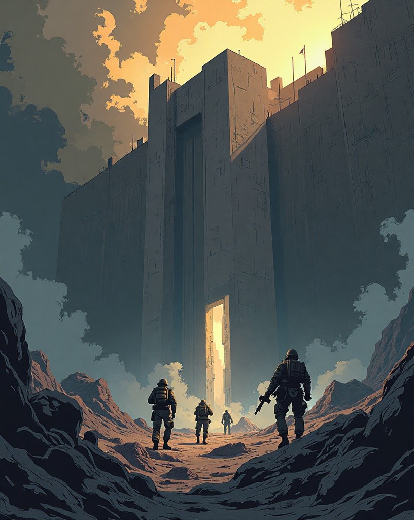 A few soldiers climbing into a vast concrete fortress through smoke.