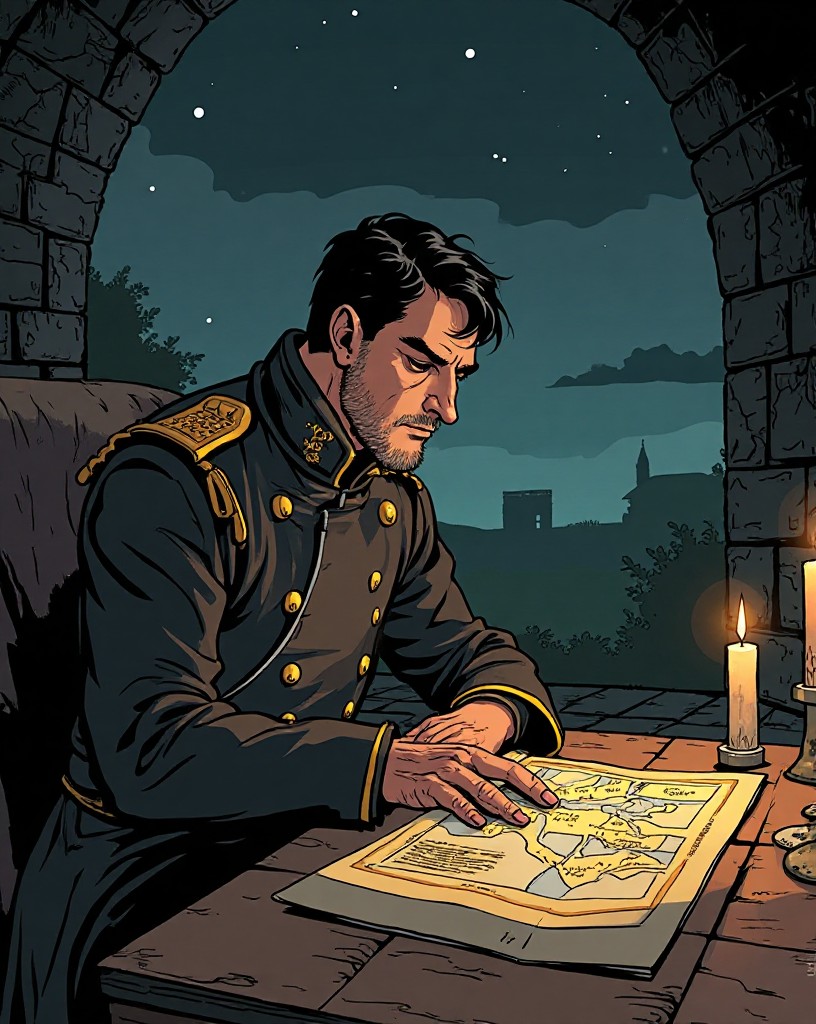 A stern French general studying a map by candlelight in a stone command post.