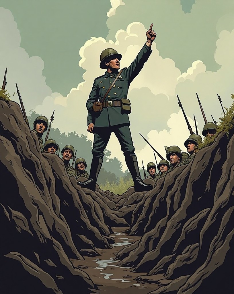 A French officer rallying mud-caked soldiers in a trench, fist raised.