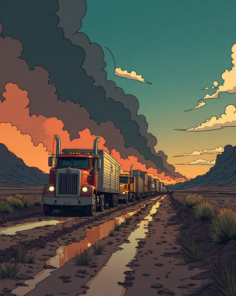 An endless column of trucks grinding along a single muddy road toward the front.