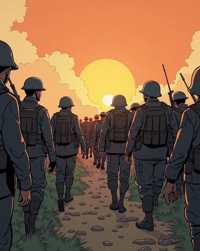 Lines of weary soldiers marching to the front passing others stumbling back.