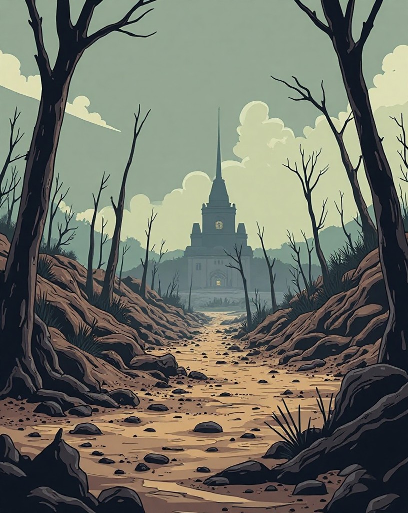 A desolate cratered wasteland of mud, shattered trees, and ruined bunkers.