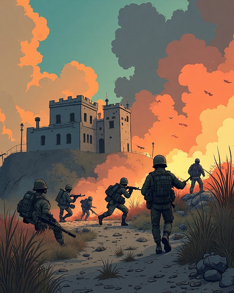 French infantry advancing through smoke to retake a battered fort on a ridge.