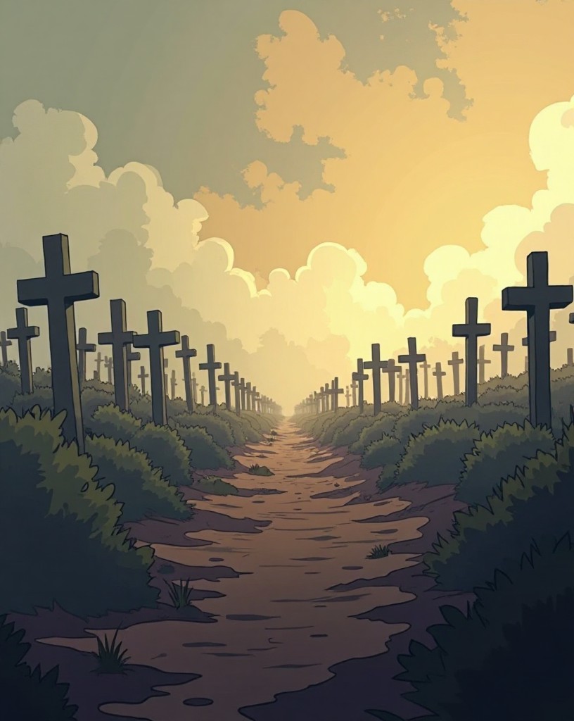A vast field of simple grave crosses stretching into mist on churned ground.