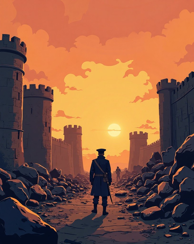 A lone French soldier standing among quiet ruins at dawn, forts in the distance.