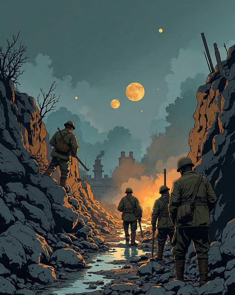 French soldiers holding a shattered trench in a cratered moonscape under shellfire, cel-shaded comic art.