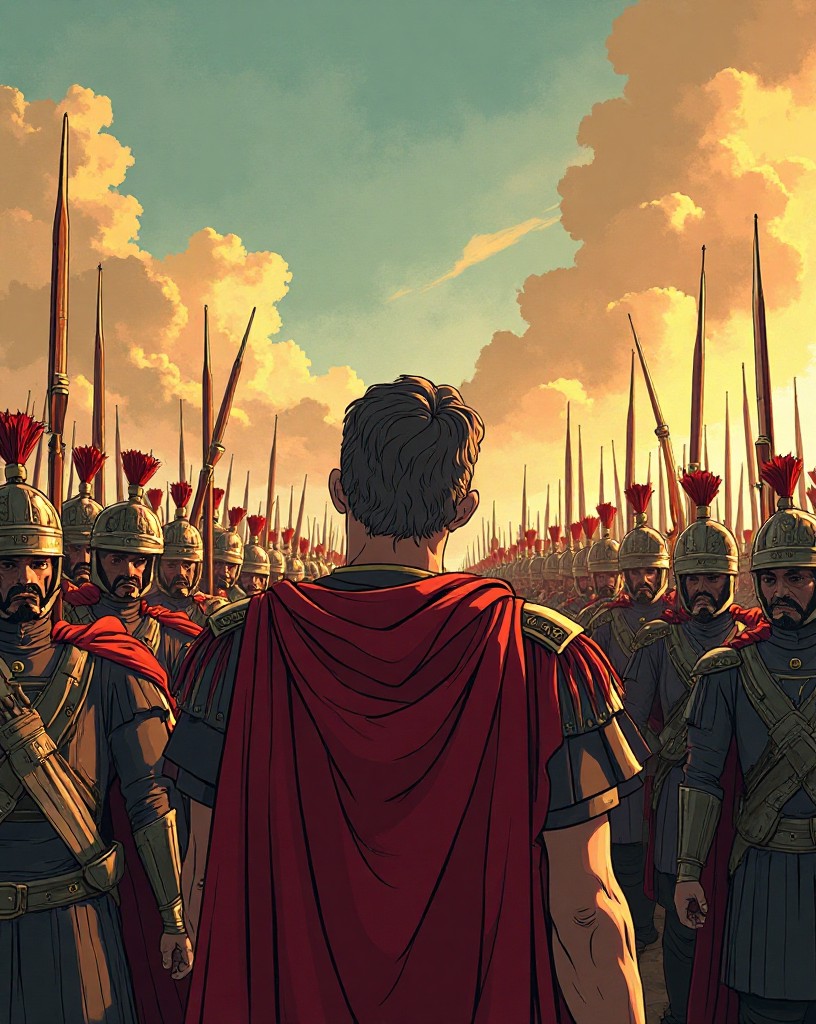 A charismatic emperor reviewing massed troops with eagles and bayonets.