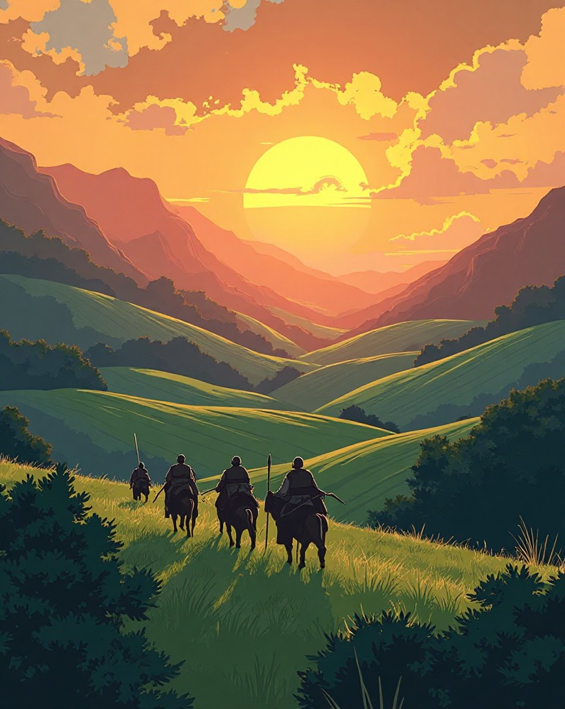 Two armies forming up across a rolling green valley at dawn.