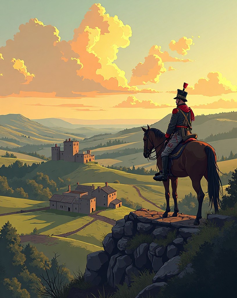 A calm general on a ridge overlooking his hidden lines and a fortified farmhouse.