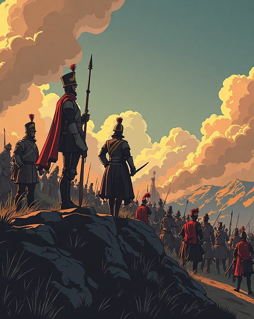 The duke steadying his officers amid cannon smoke on a ridge.
